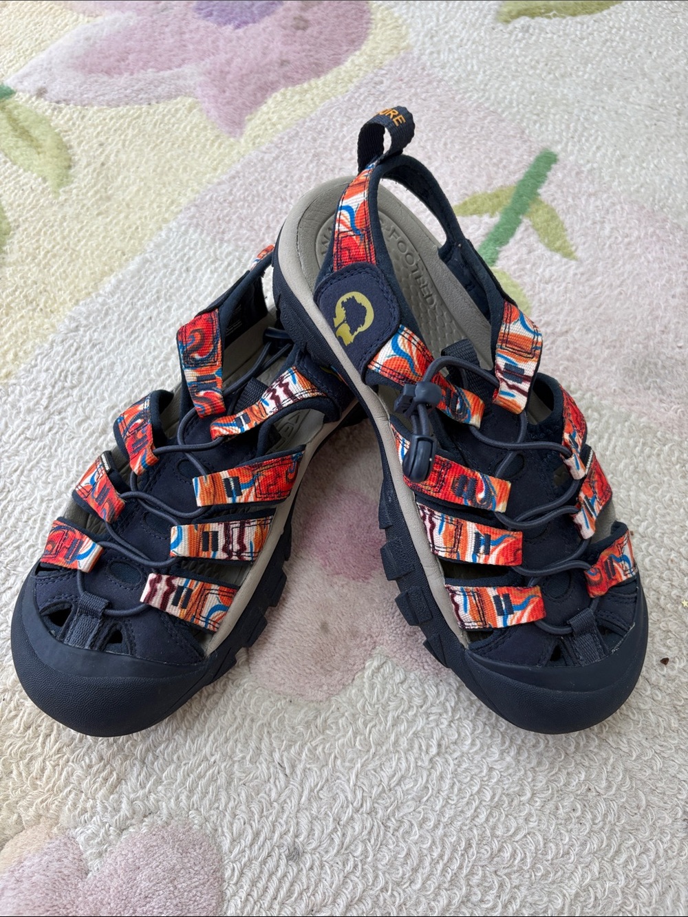 Keen Women's Navy Sandals with Multicolor Orange Patterned Straps